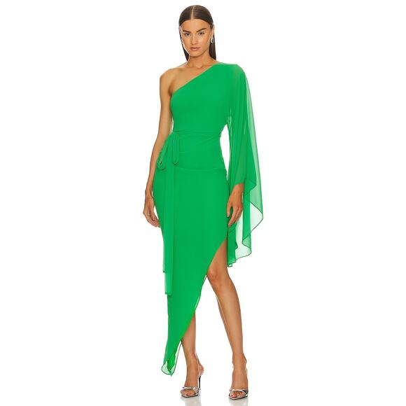 Michael Costello Heaven‎ Chiffon One Shoulder Dress Green Asymmetric Hem Sz XS - Picture 1 of 13